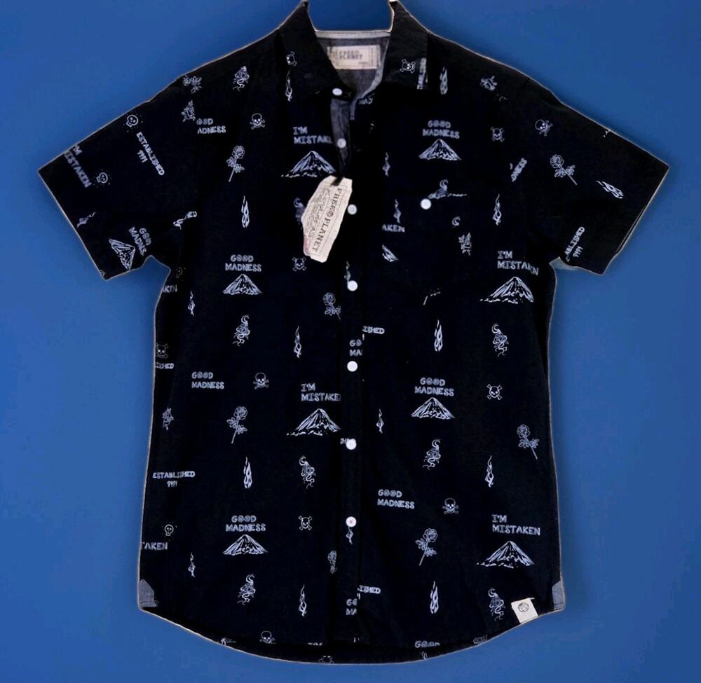 Free Planet Good Madness Men's Small Short Sleeve Button Up Shirt Black NWT